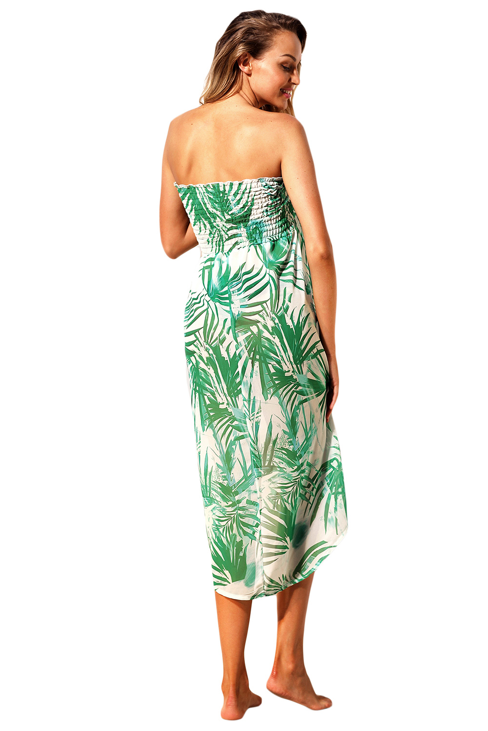 BY42278-9 Tropical Leaf Print White Convertible Beach Dress